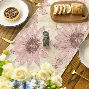 Traversa de masa model retro cu margarete roz, 40x140 cm - Img 3