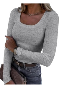 Bluză damă ribbed, mânecă lungă, Slim Fit, Guler Rotund, Top Casual Elegant, Gri, M