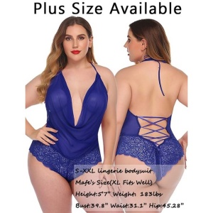 Body sexy din dantela pentru femei, decolteu, din plasa – Albastru XXXL - Img 2
