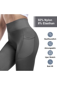 Colanti sport pentru femei cu buzunare, push-up, talie înalta, yoga, fitness, sala de sport, gri M - Img 4