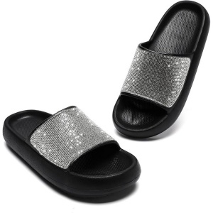 Papuci de vara pentru femei, Waysoland, cu stras, talpa groasa confortabila, negru, 38 EU - Img 1