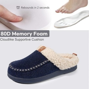 Papuci stil botine slip-on, femei, calde, din tricot, confortabile din imitatie piele intoarsa, spuma memorie, bleumarin, 38-39 - Img 5