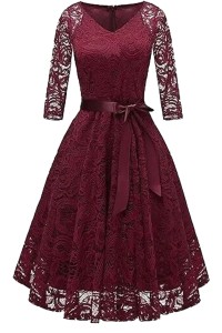 Rochie de ocazie, din dantelă model de epocă cu decolteu în V, Bordeaux, M - Img 1