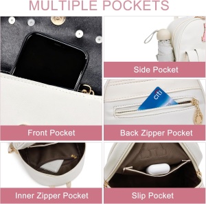 Rucsac mini pentru femei, design dragut cu pompon, alb murdar, litera A - Img 3
