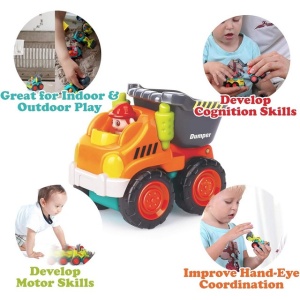 Set de 6 vehicule de constructii – buldozer, betonieră, basculantă, stivuitor, excavator și compactor - jucărie de împins, 18 luni+ - Img 6
