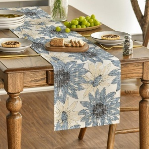 Traversa de masa model retro cu margarete albastre, 40x140 cm - Img 3