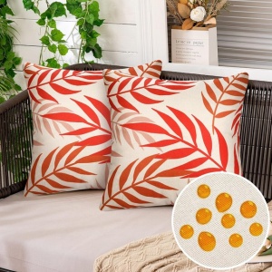 Fețe de pernă decorative 45x45 cm, set 2 buc, impermeabile, frunze boho portocalii - Img 1