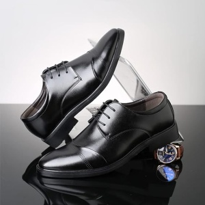 Pantofi clasici cu șireturi Derby din piele netedă Brogue, negru, 47 - Img 2