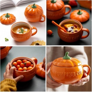 Set 2 boluri model dovleac Halloween, cu capac, 300 ml, ceramică - Img 2