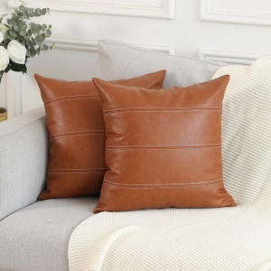 Set de 2 huse de perne decorative din piele artificială cu dungi, maro, 55 x 55 cm - Img 1