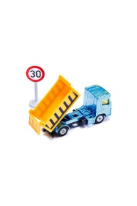 Set jucarie santier, camion, stivuitor, încărcător frontal, 6 paleti, 2 semne de circulatie, metal/plastic, galben/albastru, piese mobile - Img 3