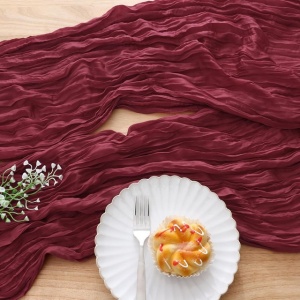 Aleer (runner) de masă, set 2 bucati, 90 x 300 cm, decorare boho modernă, pânză tifon (muselină) pentru nuntă, petrecere, rosu vin - Img 1