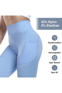 Colanti sport pentru femei cu buzunare, push-up, talie înalta, yoga, fitness, sala de sport, albastru deschis, M - Img 4