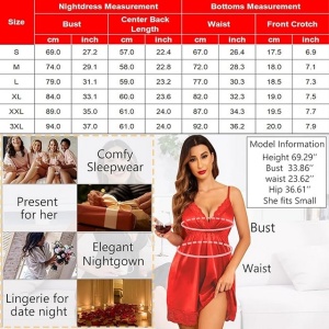 Rochie de noapte, pentru femei, cu mâneca scurta, sexy, babydoll, dantela, satin, cu decolteu în V, rosu stacojiu, L - Img 2