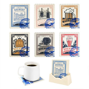 Set de 6 coastere pahare model timbru bere, cu suport