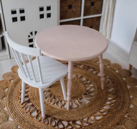 Masa rotunda roz cu scaun copii, alb