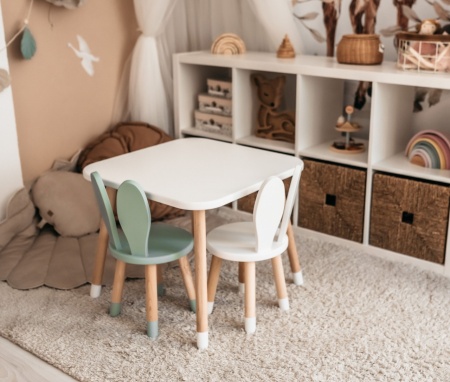 Set-masuta-patrata-alba-si-2-scaunele-iepuras-mint-si-alb