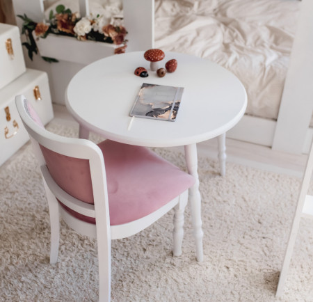 Set masa rotunda alba cu scaun copii tapitat roz