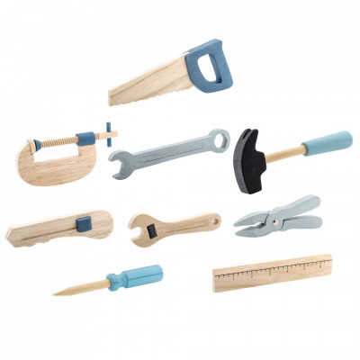 Set de joaca 9 piese din lemn de fag Robin Bloomingville Mini Dimensiuni: - Lungime: 18 cm - Latime: 7 cm Material: lemn de fag Varsta recomandata: 24+ luni. Dimensiunile afisate sunt ale setului. Setul de unelte de jucarie Robin este realizat din lemn de
