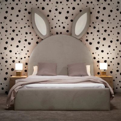 Pat copii tapitat premium din catifea bunny gri