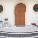 Portoncino entrata PVC Rehau, 1 anta, ad arco, 1000 x 2200, con modello, colore legno non standard