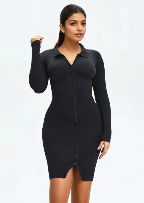 Rochie Modelatoare Versatila Model Camasa Office, Retro, Casual Cu Maneci Lungi ,Care Ofera si o Compresie Bunicica , Culoare Negru