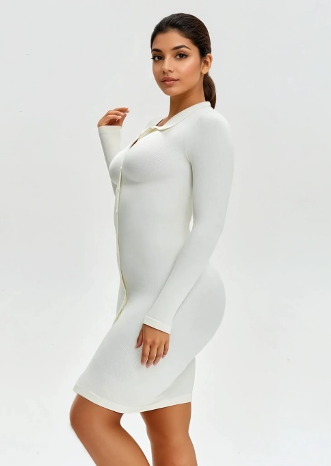 Rochie Modelatoare Versatila Model Camasa Office, Retro, Casual Cu Maneci Lungi ,Care Ofera si o Compresie Bunicica , Culoare Alb