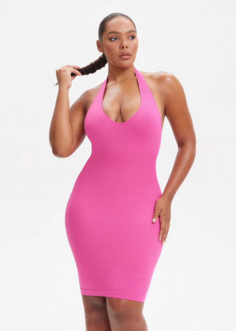 Rochie Mini Modelatoare Cu Decolteu, Rochie Scurta Ptr Aplatizarea Abdomenului, Accentuaza Formele , Culoare Roz / Pink