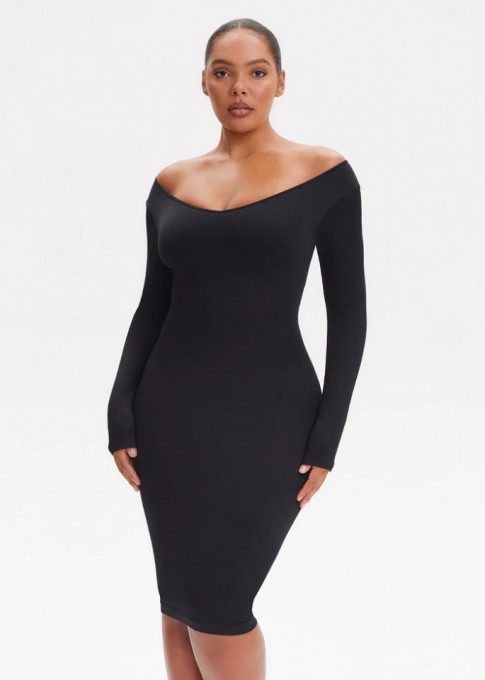 Rochie Modelatoare Cu Maneci lungi , Compresie Medie Ptr Aplatizarea Abdomenului, Accentuaza Formele , Culoare Neagra - Img 1