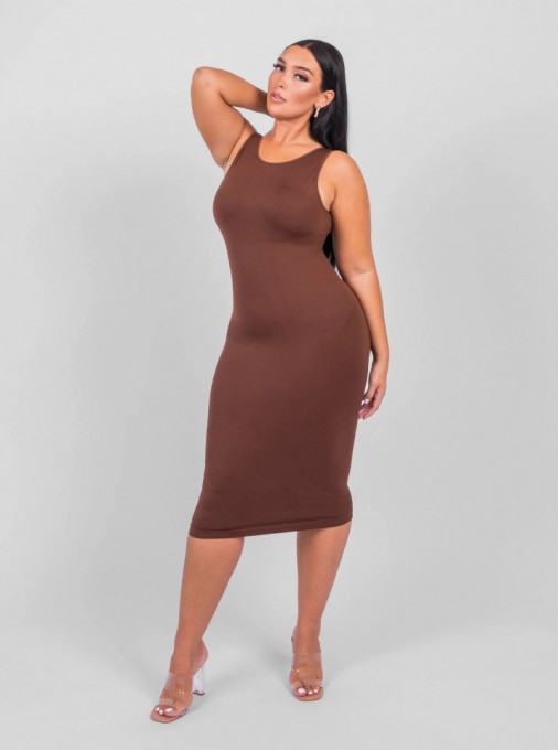 Rochie Modelatoare Cu Spate Decoltat in U , Compresie Medie Ptr Aplatizarea Abdomenului, Accentuaza Formele , Culoare Maro