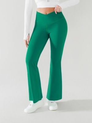 Colanti Fitness / Yoga Evazați VESP cu Talie în V și Efect Modelator, Talie Suprapusa Verde Smarald