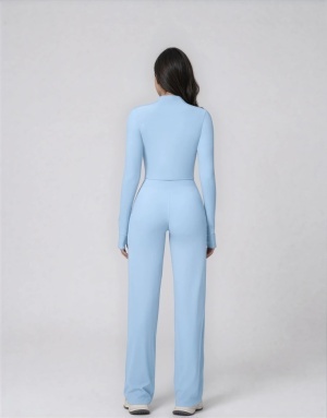 Set Sport Dama Albastru Deschis, Hanorac Cu Fermoar Si Pantaloni Evazati Largi, Compleu Fitness Yoga Alergare Sau Tinute Casual De Zi - Img 6