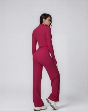 Set Sport Dama Rosu Inchis, Hanorac Cu Fermoar Si Pantaloni Evazati Largi, Compleu Fitness Yoga Alergare Sau Tinute Casual De Zi - Img 2