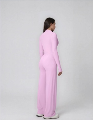 Set Sport Dama Roz Deschis, Hanorac Cu Fermoar Si Pantaloni Evazati Largi, Compleu Fitness Yoga Alergare Sau Tinute Casual De Zi - Img 2