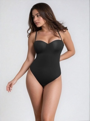 Body Tanga Modelator Dintr-o Singură Bucată, Tip Tanga cu Cupe Căptușite, Bretele Reglabile Detașabile, Talie Modelatoare, Negru
