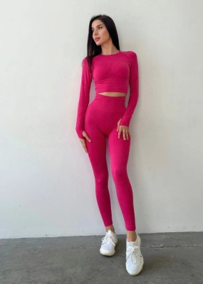 Set Roz Magenta din Două Piese cu Top și Colanți, Design Seamless, Efect Push-up Evidențierea Siluetei, Inclusiv Bluza cu Mâneci Lungi - Img 10