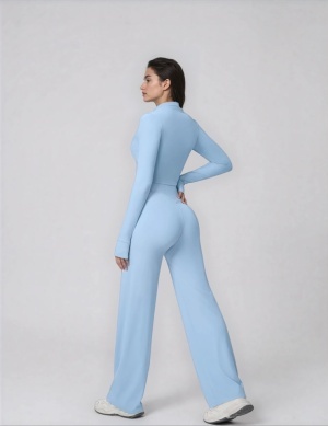 Set Sport Dama Albastru Deschis, Hanorac Cu Fermoar Si Pantaloni Evazati Largi, Compleu Fitness Yoga Alergare Sau Tinute Casual De Zi - Img 4