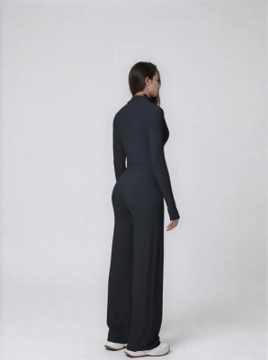 Set Sport Dama Negru, Hanorac Cu Fermoar Si Pantaloni Evazati Largi, Compleu Fitness Yoga Alergare Sau Tinute Casual De Zi - Img 4