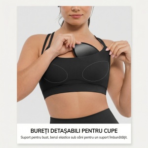 Top Sport VESP pentru Antrenament, Bustieră Fitness cu Bretele Încrucișate, Bureți Detașabili și Bandă Elastică, Negru - Img 4