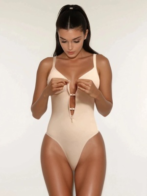 Body Modelator Femei Crem - Bej , Tummy Control, Cu Fermoar și Bretele Reglabile, Talie Subțiată, G-Slab, Spate Gol, Lenjerie Modelatoare Tip Tanga - Img 5
