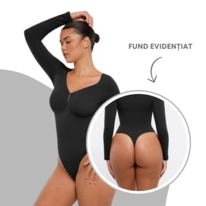 Body Modelator Seamless, Maneci Lungi "SKIN", Control Abdomen, Design Tanga, Susținere Bust, Protecție Antibacteriană, Invizibil Sub Haine, Negru - Img 7