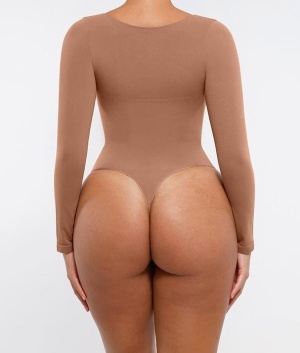 Body Modelator Seamless, Maneci Lungi "SKIN", Control Abdomen, Design Tanga, Susținere Bust, Protecție Antibacteriană, Invizibil Sub Haine, Nude - Img 4