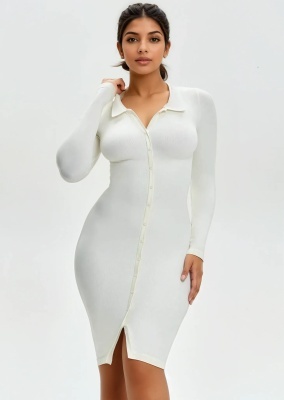 Rochie Modelatoare Versatila Model Camasa Office, Retro, Casual Cu Maneci Lungi ,Care Ofera si o Compresie Bunicica , Culoare Alb - Img 2