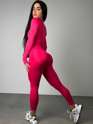 Set Roz Magenta din Două Piese cu Top și Colanți, Design Seamless, Efect Push-up Evidențierea Siluetei, Inclusiv Bluza cu Mâneci Lungi - Img 1
