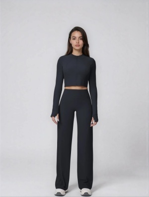 Set Sport Dama Negru, Hanorac Cu Fermoar Si Pantaloni Evazati Largi, Compleu Fitness Yoga Alergare Sau Tinute Casual De Zi - Img 2