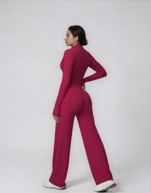 Set Sport Dama Rosu Inchis, Hanorac Cu Fermoar Si Pantaloni Evazati Largi, Compleu Fitness Yoga Alergare Sau Tinute Casual De Zi - Img 5
