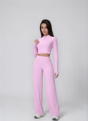 Set Sport Dama Roz Deschis, Hanorac Cu Fermoar Si Pantaloni Evazati Largi, Compleu Fitness Yoga Alergare Sau Tinute Casual De Zi - Img 5