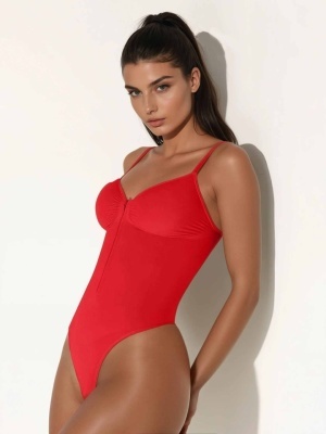 Body Modelator Femei Rosu, Tummy Control, Cu Fermoar și Bretele Reglabile, Talie Subțiată, G-Slab, Spate Gol, Lenjerie Modelatoare Tip Tanga - Img 4