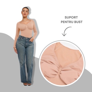 Body Modelator Seamless, Maneci Lungi "SKIN", Control Abdomen, Design Tanga, Susținere Bust, Protecție Antibacteriană, Invizibil Sub Haine, Nude - Img 3