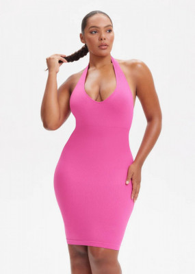 Rochie Mini Modelatoare Cu Decolteu, Rochie Scurta Ptr Aplatizarea Abdomenului, Accentuaza Formele , Culoare Roz / Pink - Img 1